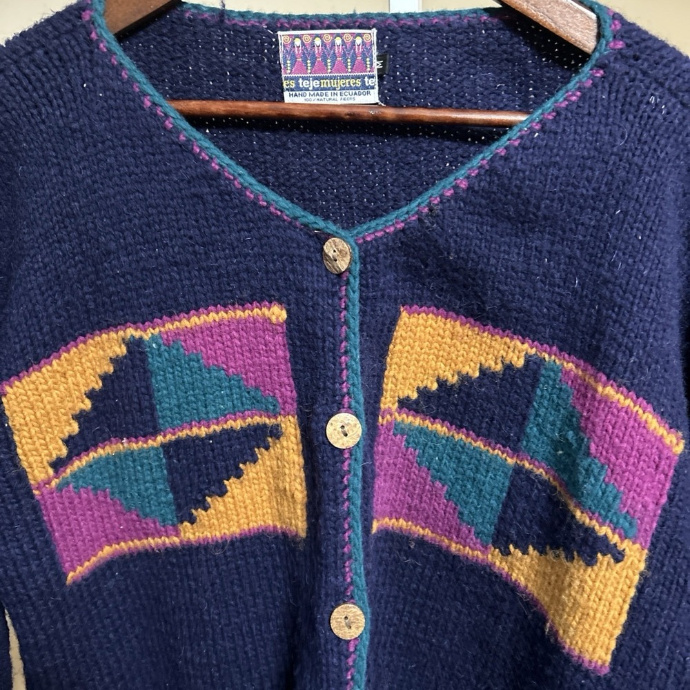 Vintage Ecuador Hand Knit Cardigan Sweater Women's Medium Aztec Geometric Button - Picture 2 of 8